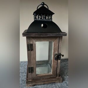 Rustic Wooden Lantern with Black Metal Top